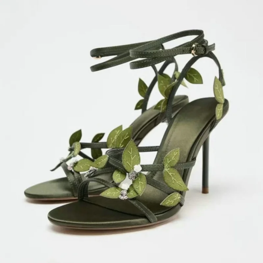 Enchanted Forest Green Heels with Leaf & Crystal Details