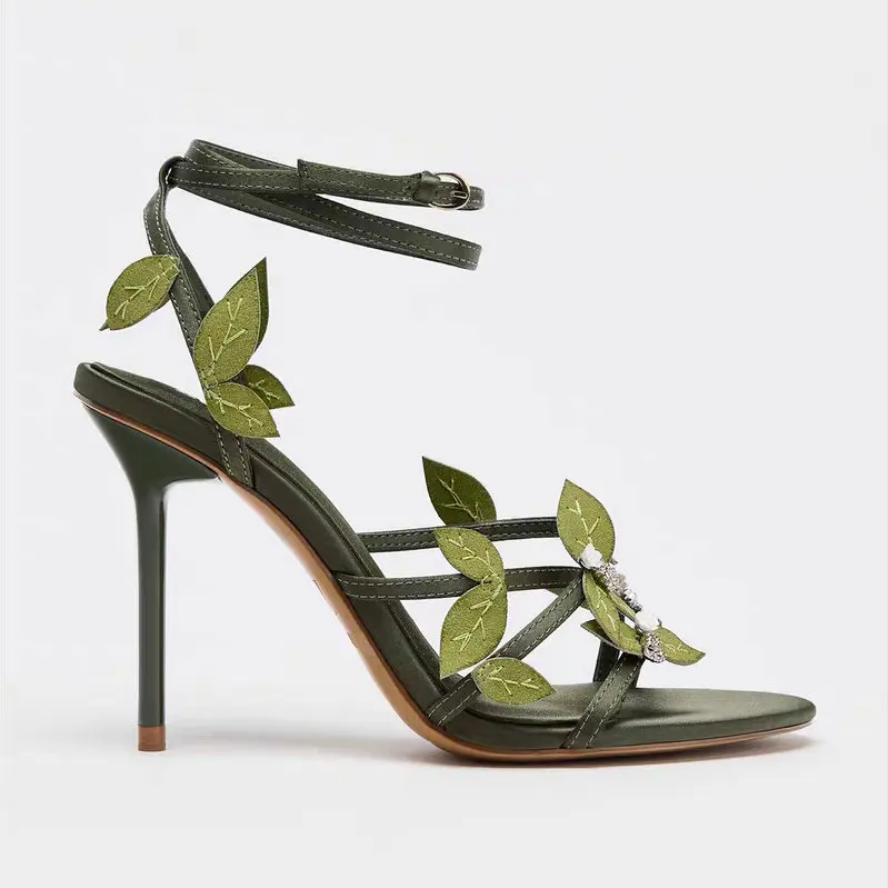 Enchanted Forest Green Heels with Leaf & Crystal Details