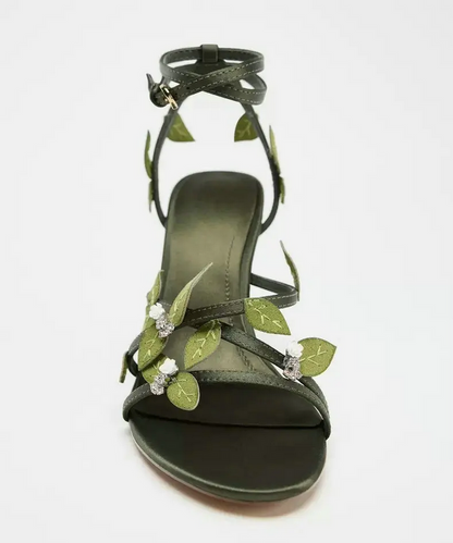Enchanted Forest Green Heels with Leaf & Crystal Details
