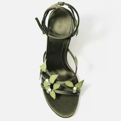Enchanted Forest Green Heels with Leaf & Crystal Details