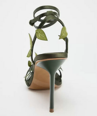 Enchanted Forest Green Heels with Leaf & Crystal Details
