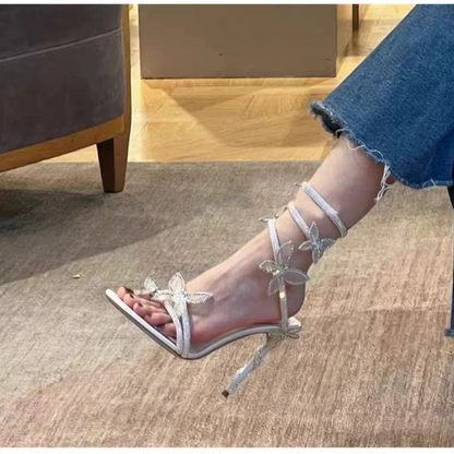 Dazzling Butterfly Crystal Leg-Wrap Stiletto Heels
