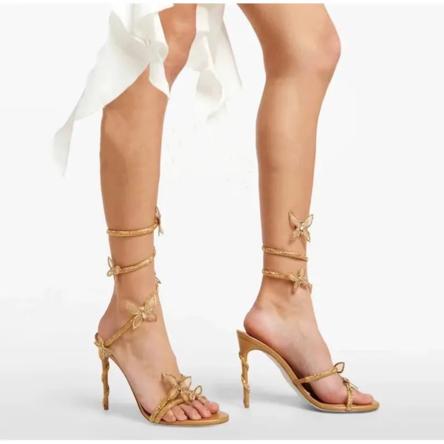 Dazzling Butterfly Crystal Leg-Wrap Stiletto Heels