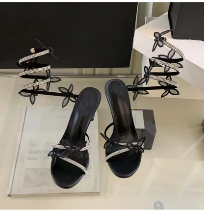 Dazzling Butterfly Crystal Leg-Wrap Stiletto Heels