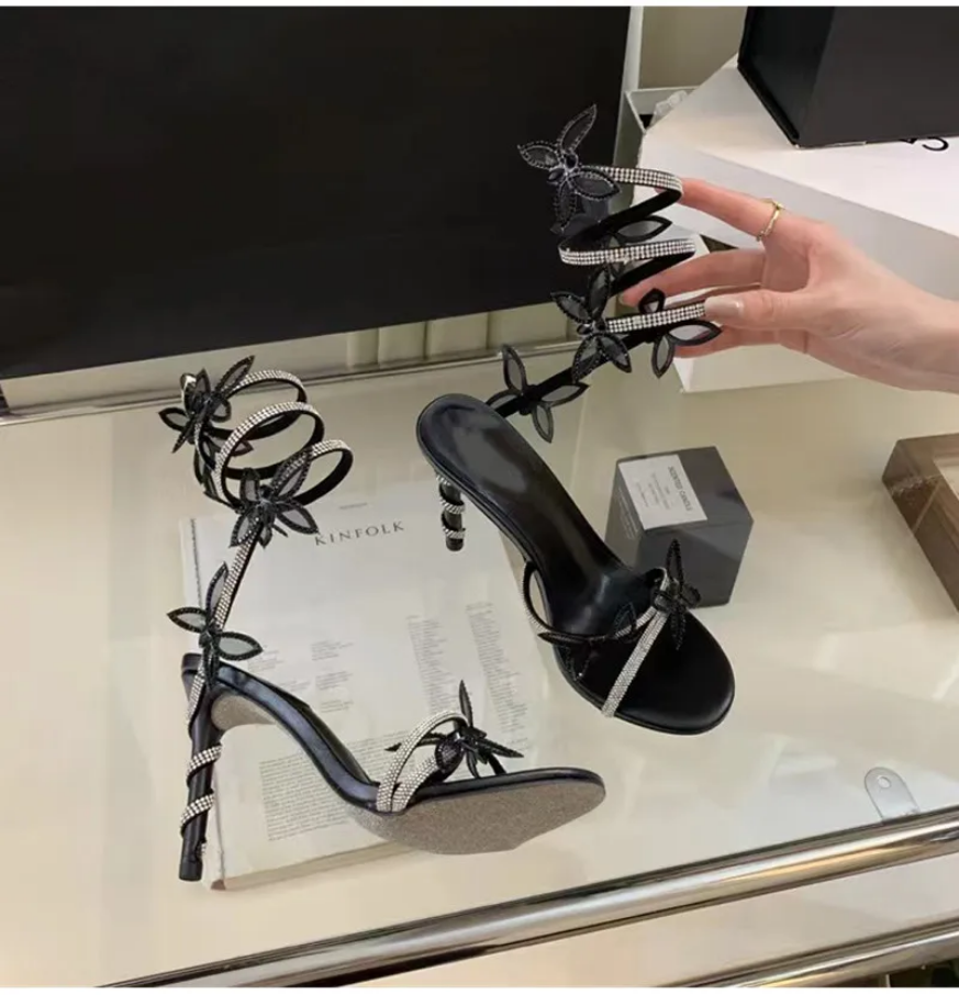 Dazzling Butterfly Crystal Leg-Wrap Stiletto Heels