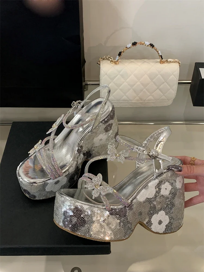 Whimsical Floral Sequin Platform Heels with Butterfly Straps