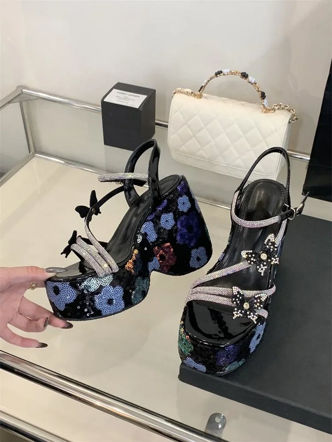 Whimsical Floral Sequin Platform Heels with Butterfly Straps