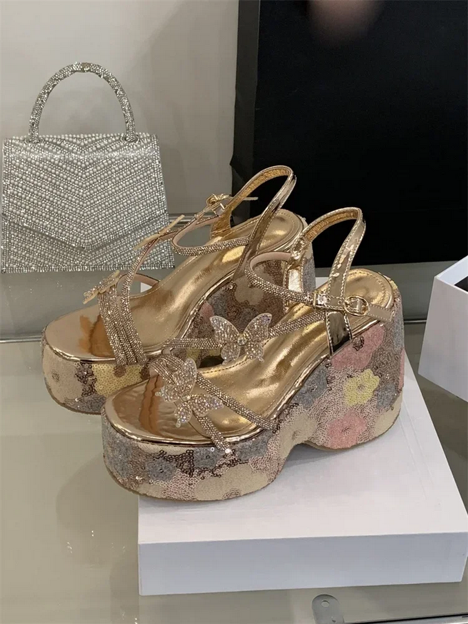 Whimsical Floral Sequin Platform Heels with Butterfly Straps