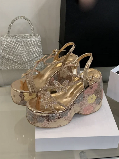 Whimsical Floral Sequin Platform Heels with Butterfly Straps