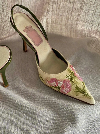 Elegant Embroidered Rose Slingback Kitten Heels