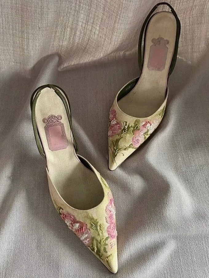 Elegant Embroidered Rose Slingback Kitten Heels