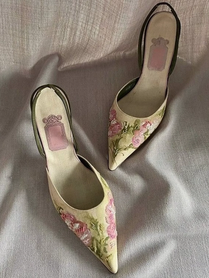 Elegant Embroidered Rose Slingback Kitten Heels