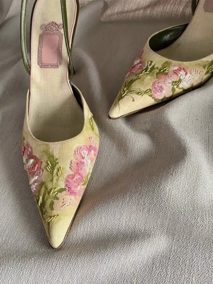 Elegant Embroidered Rose Slingback Kitten Heels