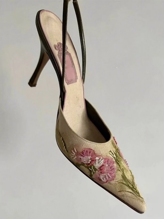 Elegant Embroidered Rose Slingback Kitten Heels