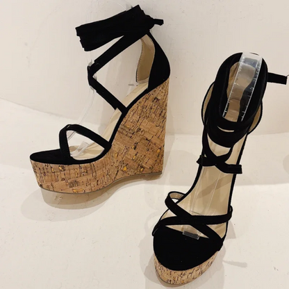 Chic Cork Wedge Sandals with Ribbon Lace-Up Straps