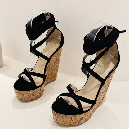 Chic Cork Wedge Sandals with Ribbon Lace-Up Straps