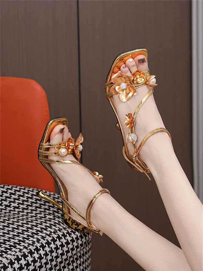 Opulent Floral & Pearl Embellished Heels - Gold & Black