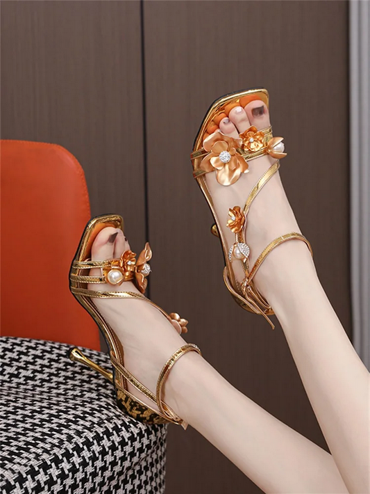 Opulent Floral & Pearl Embellished Heels - Gold & Black