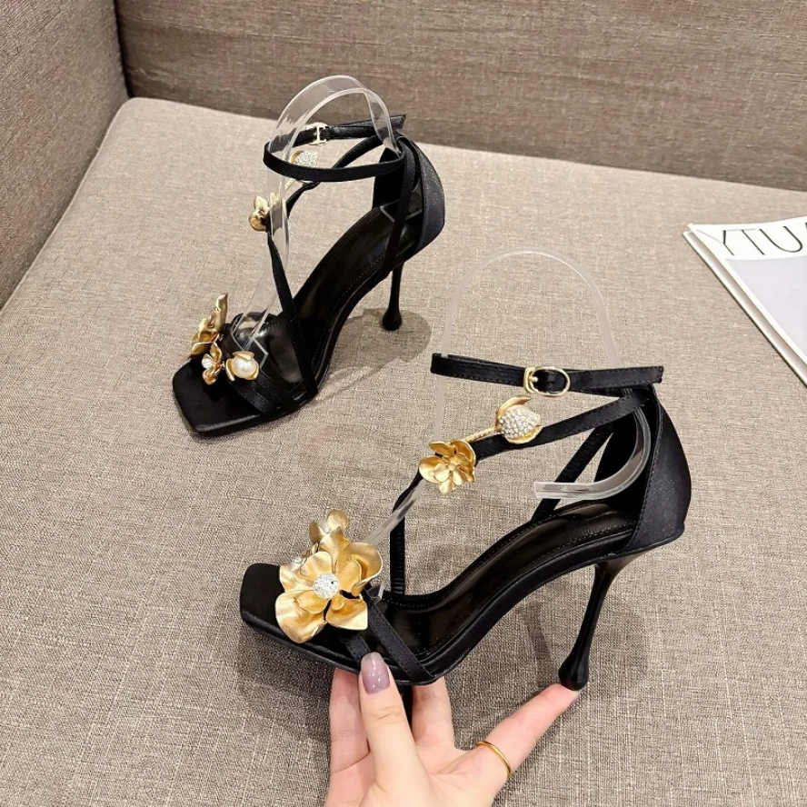 Opulent Floral & Pearl Embellished Heels - Gold & Black