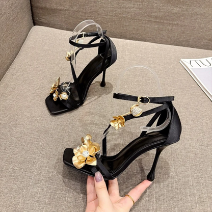 Opulent Floral & Pearl Embellished Heels - Gold & Black