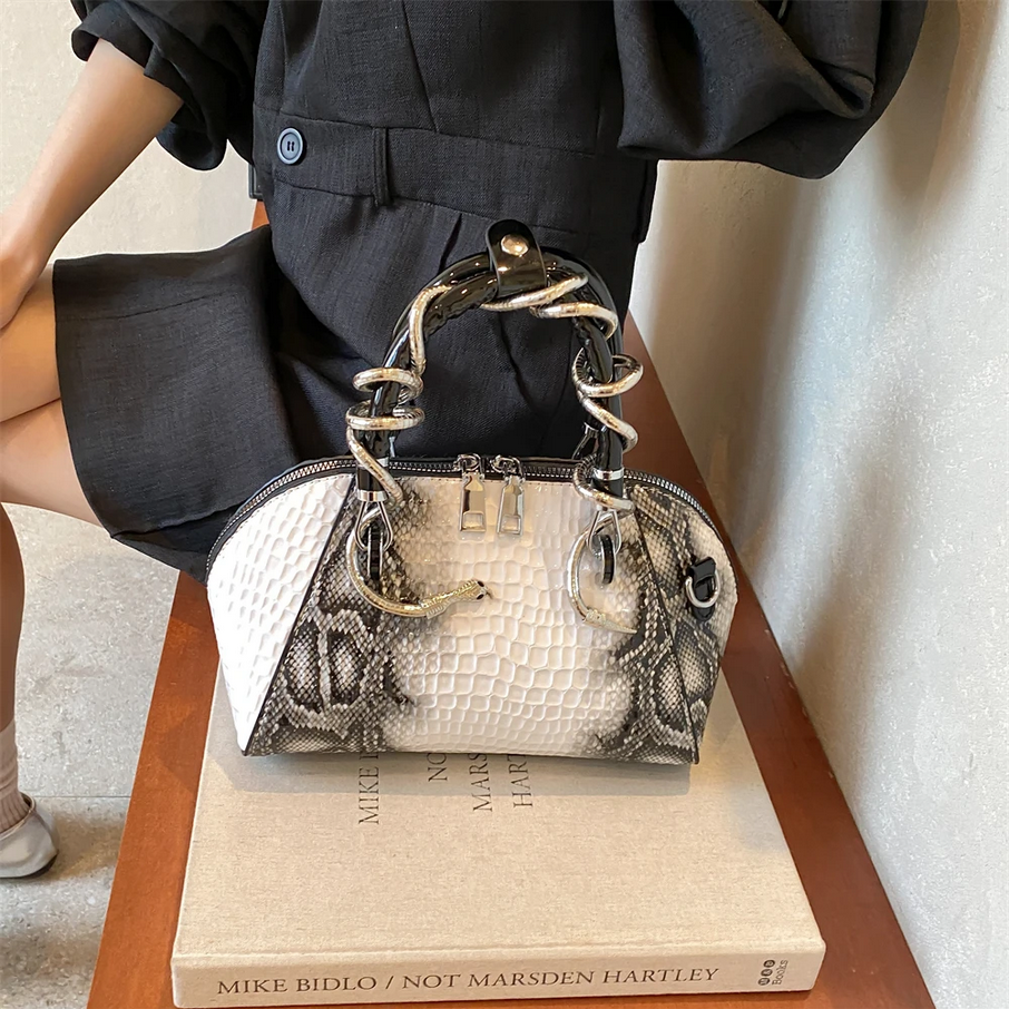 Luxe Snakeskin Embossed Handbag with Chain Handles