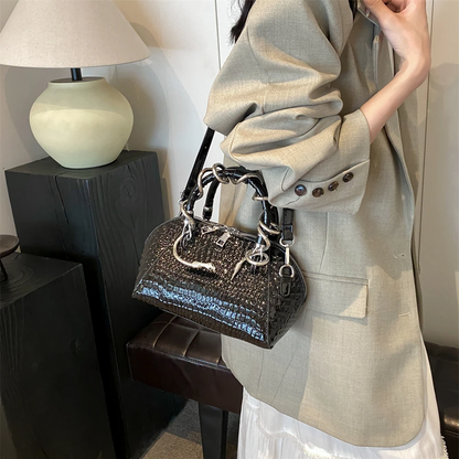 Luxe Snakeskin Embossed Handbag with Chain Handles