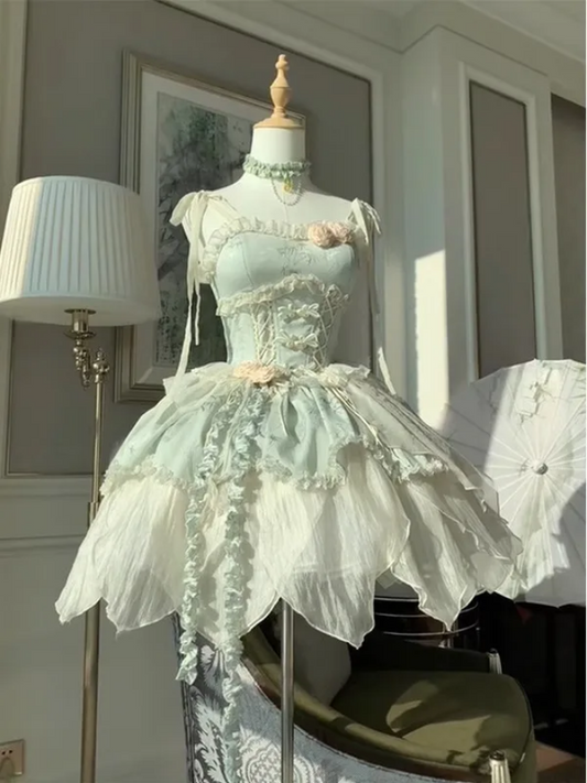 Marie Antoinette Rococo Petal Dress with Floral Embellishments