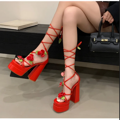 Sweet Cherry Leg-Wrap Platform Heels - Black & Red