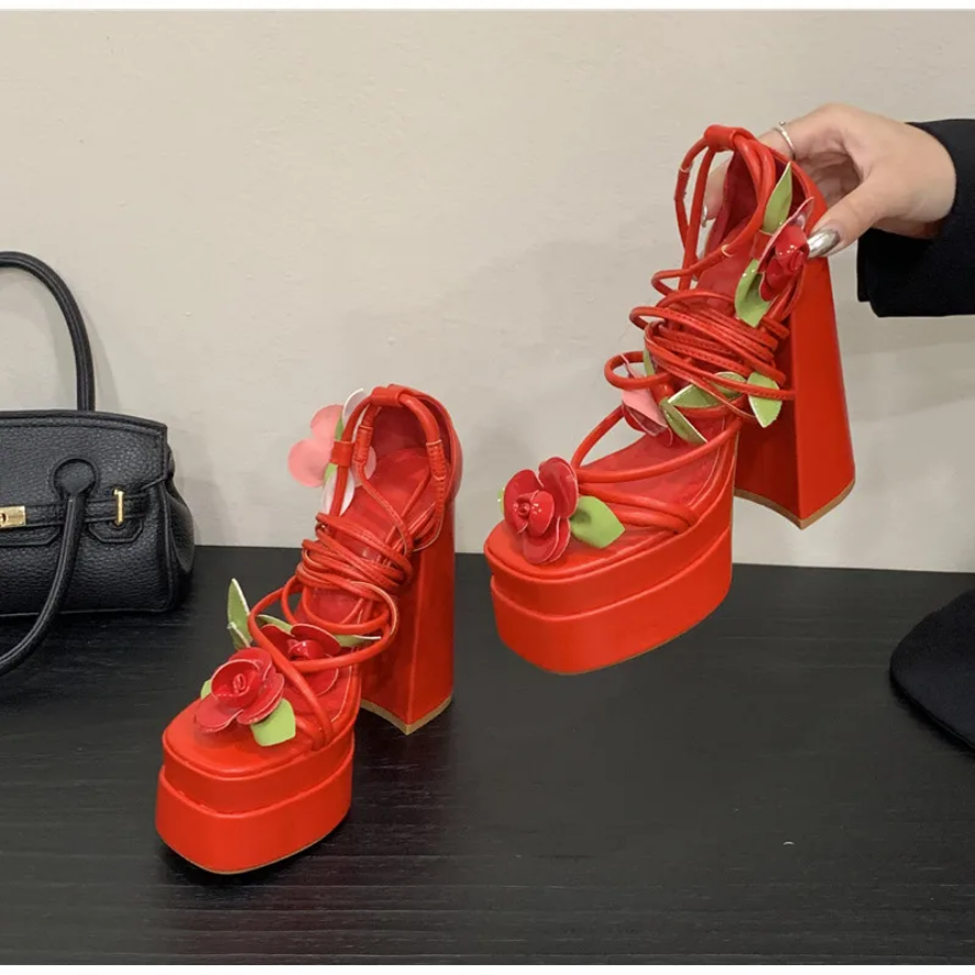 Sweet Cherry Leg-Wrap Platform Heels - Black & Red