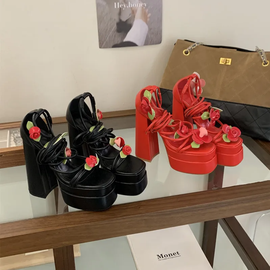 Sweet Cherry Leg-Wrap Platform Heels - Black & Red