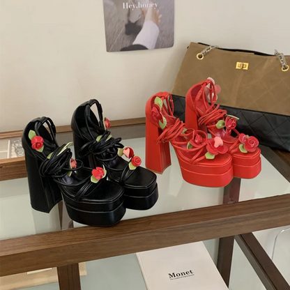 Sweet Cherry Leg-Wrap Platform Heels - Black & Red