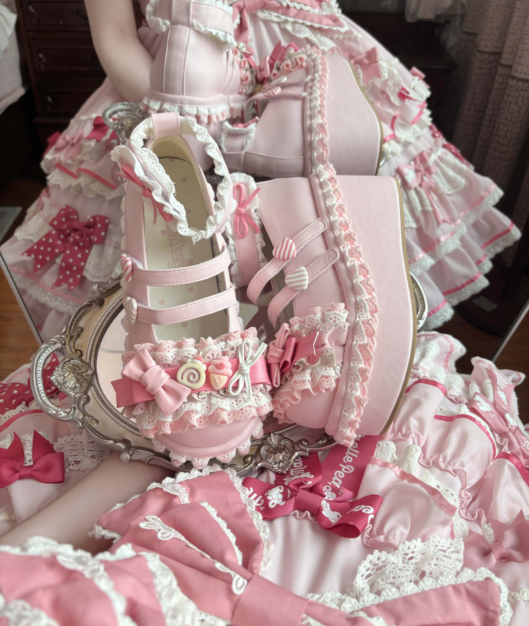 Dreamy Sweet Lolita Platform Shoes with Rose & Lace Details