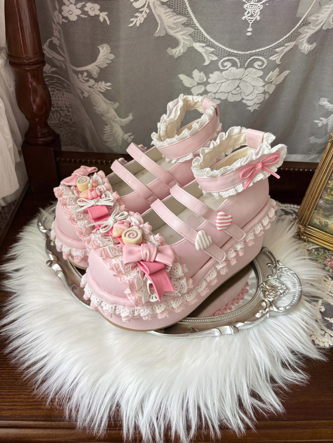 Dreamy Sweet Lolita Platform Shoes with Rose & Lace Details