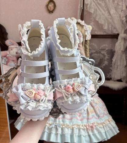 Dreamy Sweet Lolita Platform Shoes with Rose & Lace Details