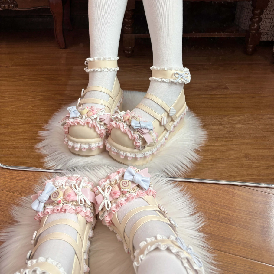 Dreamy Sweet Lolita Platform Shoes with Rose & Lace Details