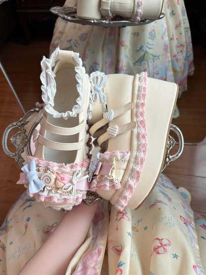 Dreamy Sweet Lolita Platform Shoes with Rose & Lace Details
