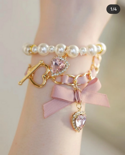 Enchanted Heart Pearl & Ribbon Bracelet Set