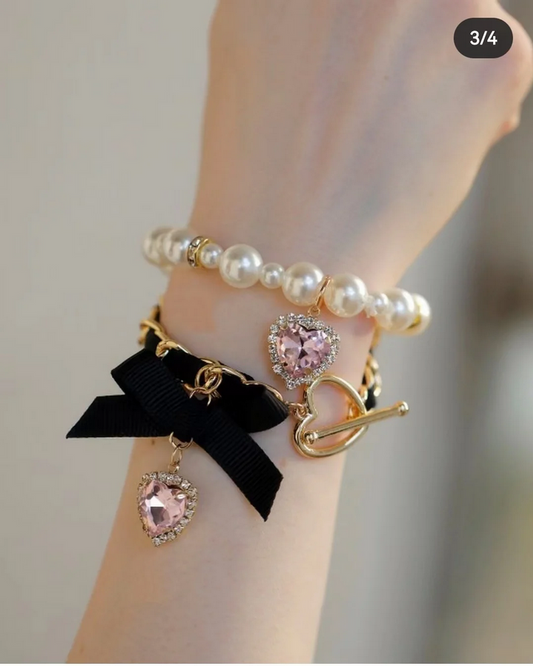 Enchanted Heart Pearl & Ribbon Bracelet Set