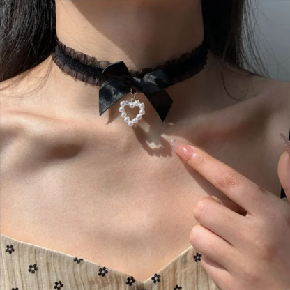 Pearl Heart Lace Garter Choker Necklace