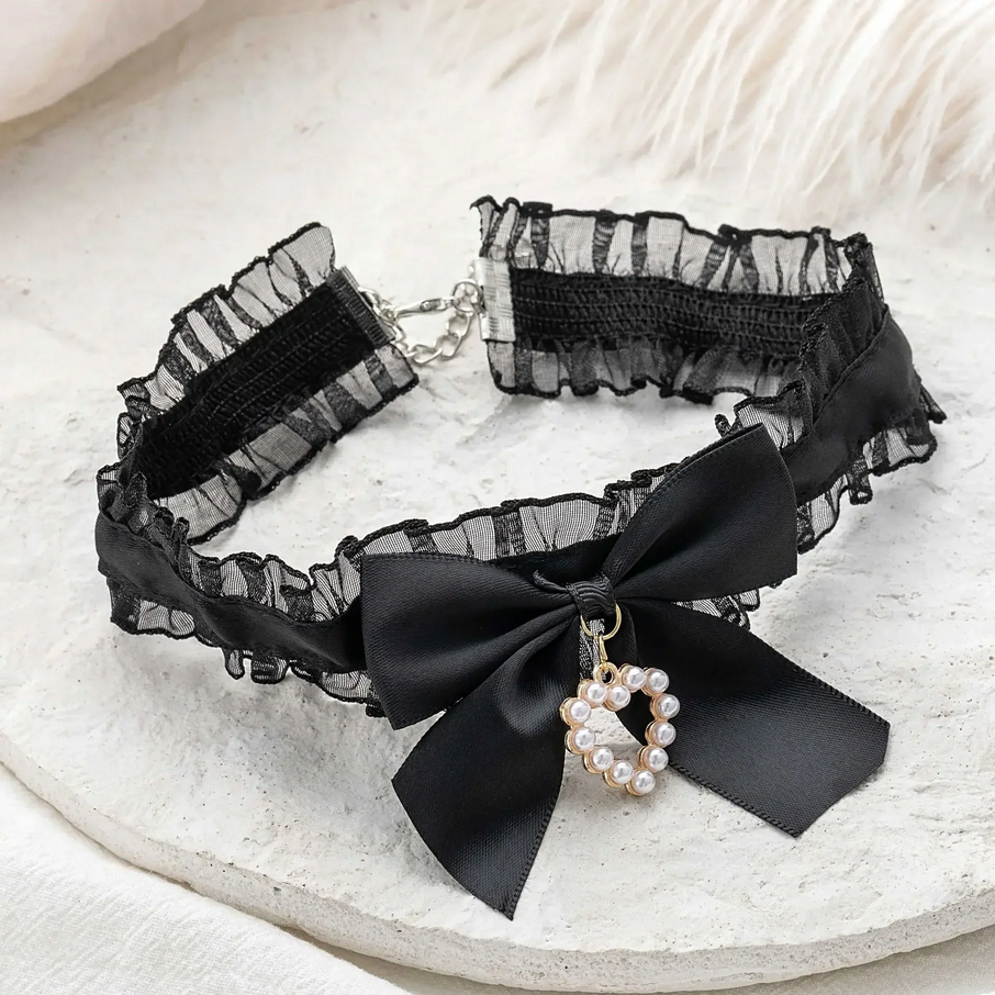 Pearl Heart Lace Garter Choker Necklace