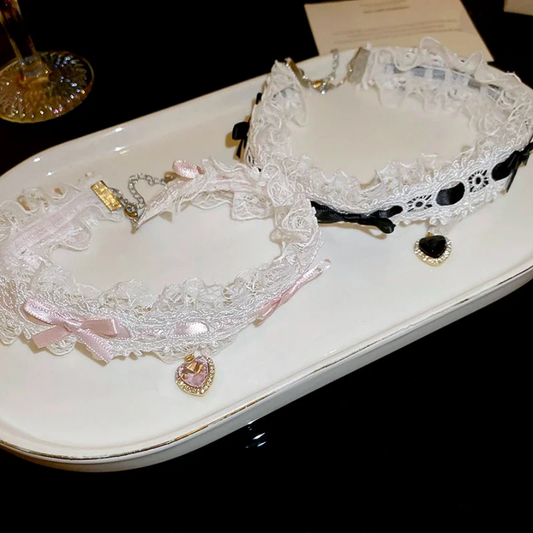 Crystal Heart Lace Choker Necklace
