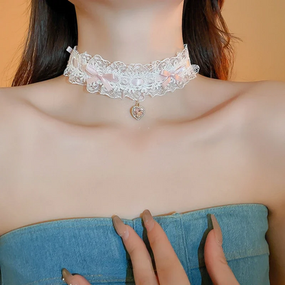 Crystal Heart Lace Choker Necklace