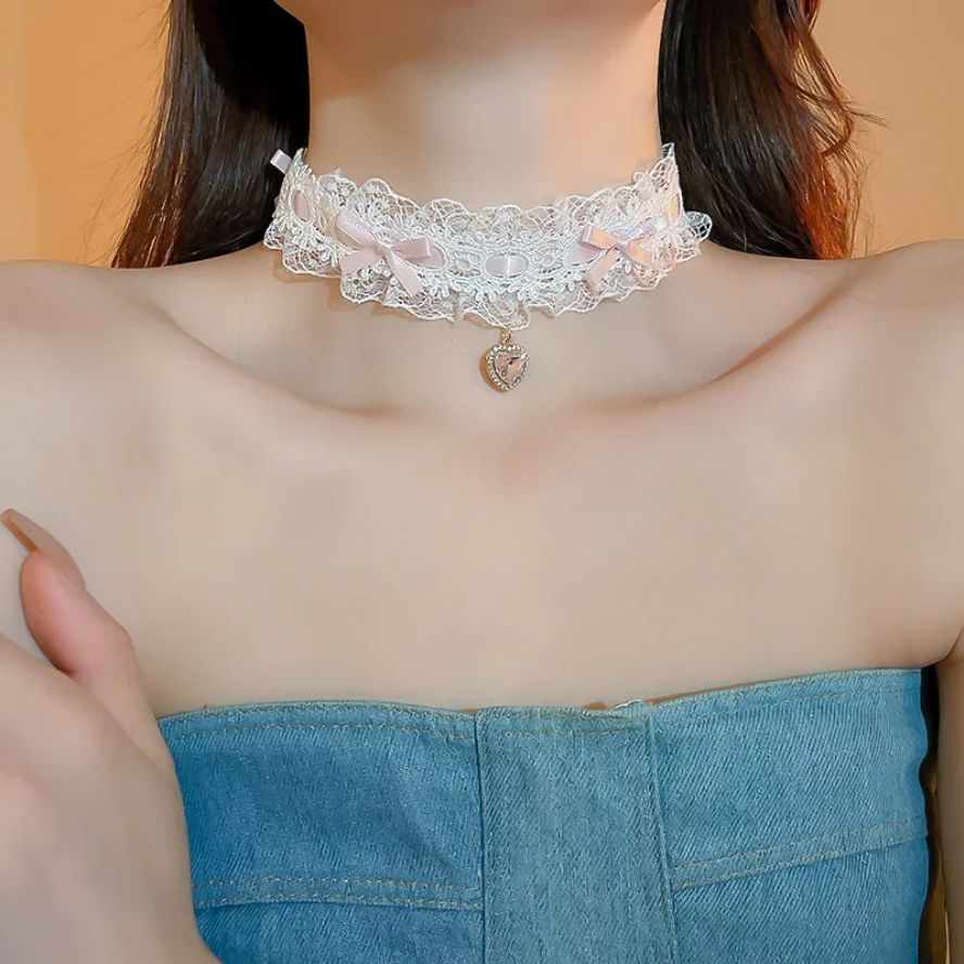 Crystal Heart Lace Choker Necklace