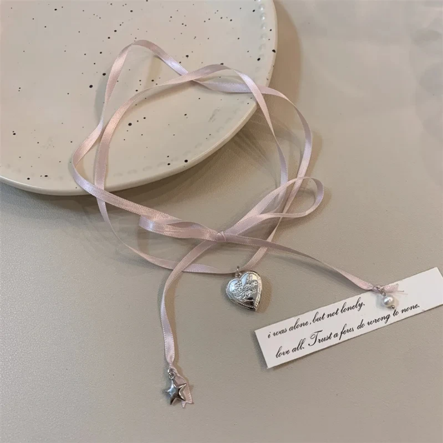 Paris Dreams Ribbon Tie Choker with Heart & Eiffel Tower Charms