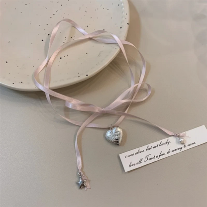 Paris Dreams Ribbon Tie Choker with Heart & Eiffel Tower Charms