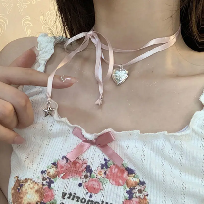 Paris Dreams Ribbon Tie Choker with Heart & Eiffel Tower Charms