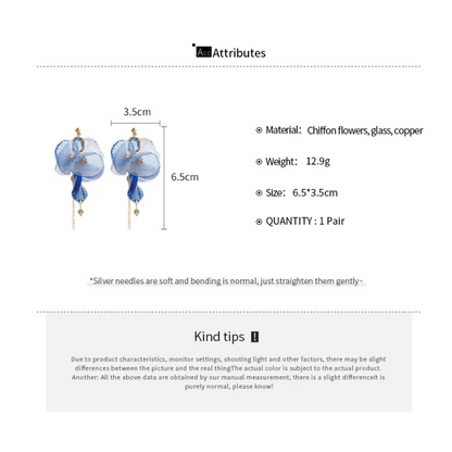 Ocean Blue Rose Petal Crystal Dangle Earrings