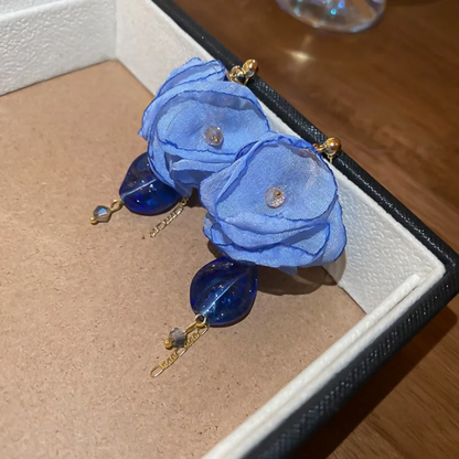 Ocean Blue Rose Petal Crystal Dangle Earrings