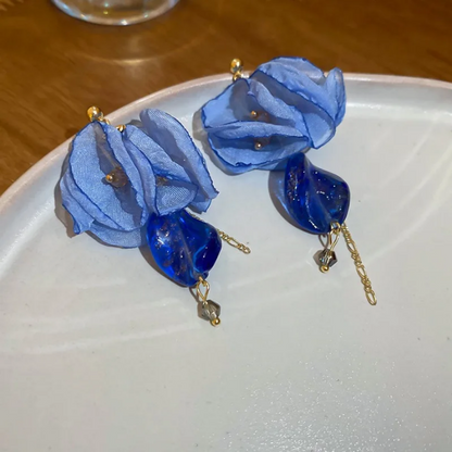 Ocean Blue Rose Petal Crystal Dangle Earrings