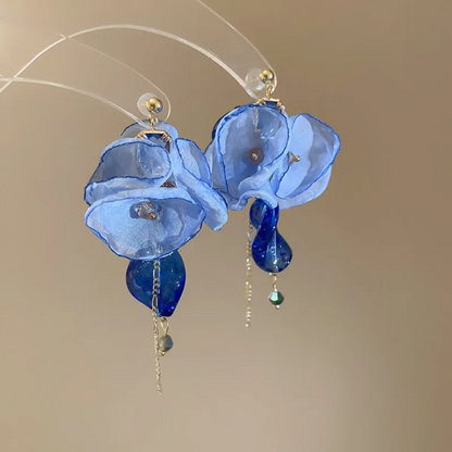 Ocean Blue Rose Petal Crystal Dangle Earrings